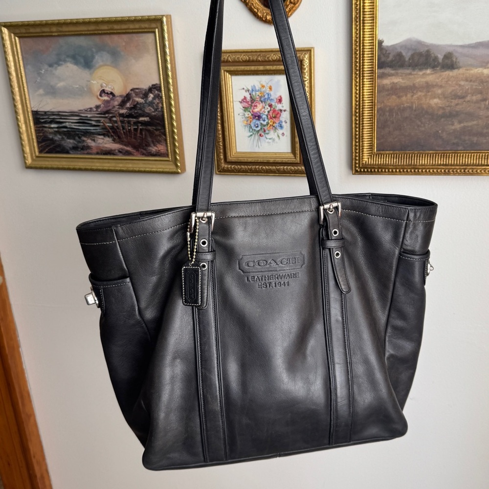 Coach 5128 Black Leather Gallery Tote with Dual Handles & Silver Hardware